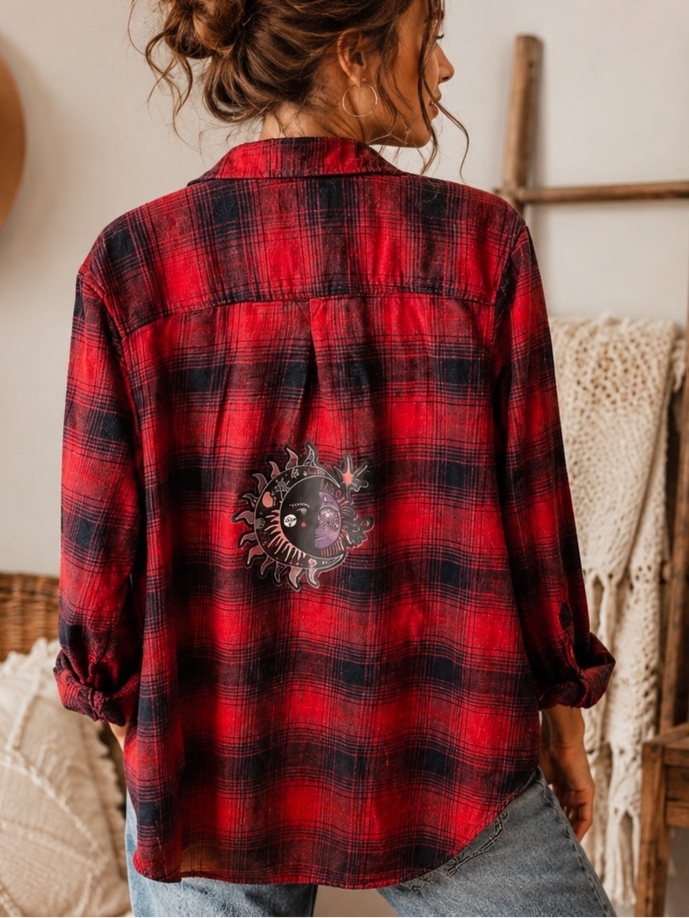 American Eagle Boyfriend Fit Flannel – Upcycled Sun & Moon Graphic XL